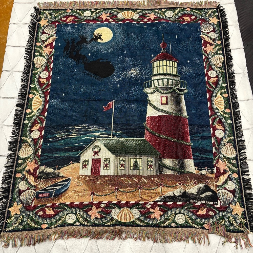 Crown Crafts Tapestry Throw Blanket Santa Sleigh Reindeer Lighthouse Christmas